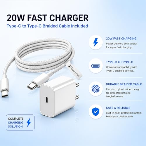Image of 20W USB-C Fast Charger with Type-C to Type-C Braided Cable | MFi Certified PD Wall Adapter Compatible with iPhone 17 /16 /15 Series, iPad, and Other USB-C Devices by AIL-KIN, ROMITAZ