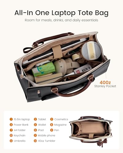 Image of LOVEVOOK Laptop Tote Bag for Women,Leather Work Bag with Tumbler Holder
