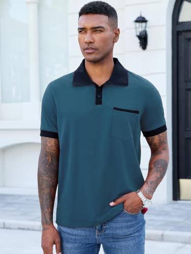 Image of Men's Casual Polo Shirts Summer Short Sleeve Contrast Collar Buttoned Tee Polo Shirt with Pocket