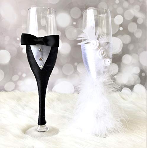 Abbie Home Wedding Reception Celebration Champagne Toasting Flute Set- Feather Dress Mini Suit Decorated Bride and Groom Champaign Flute, Set of 2 (Black Glass Set)