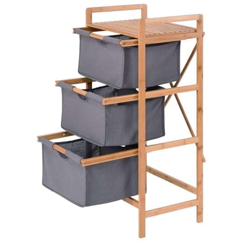 Image of Lukzer 3 Layer Vertical Bamboo Storage Shelf with Removable Fabric Drawers, Multipurpose Tall Organizer for Bathroom, Bedroom, Laundry, Living Room & Office, Space-Saving Wooden Rack, Grey (CH-011)