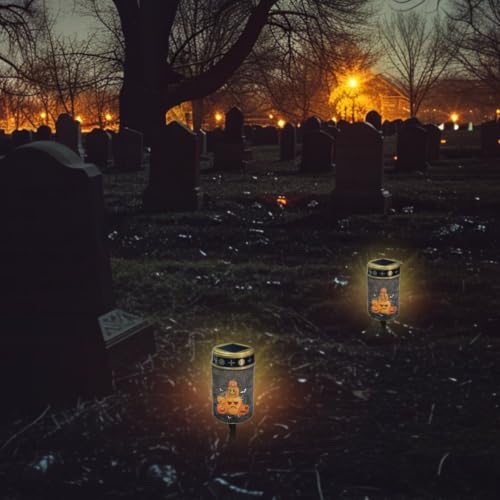 Image of Halloween Solar Memorial Lights for Graves 2 Pcs | Water Resistant Outdoor Flameless Candle Lamp, Stacked Pumpkin Grave Solar Lights for Grave Memorial Gift