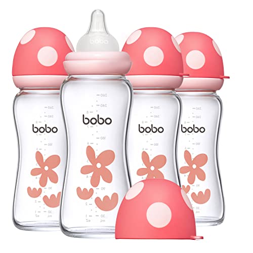 Image of YOHKOH Natural Glass Baby Bottle with Natural Response Nipple, Newborn Anti-Colic Baby Bottles, Wide Neck Mushroom Cap Baby Bottle, Clear (Red, (8.8oz (Pack of 4))