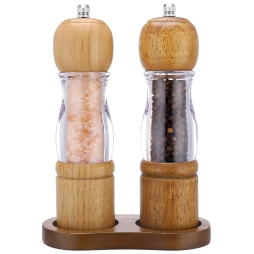 saerryor Salt and Pepper Grinder, 2 Pcs Manual Spice Grinders with Ceramic Core Adjustable Coarseness Wooden Refillable Salt and Pepper Mill Set with Stand