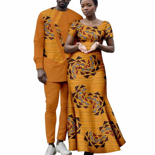 Africa Couples Men's Long Sleeve Irregular Printed Fabric Patchwork Top and Pants Women's Classic Dress Long Dress
