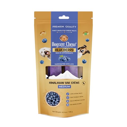 Image of Dogsee Flavored Himalayan Yak Cheese Dental Chews for Dogs 140g (Medium - 2 Chews) | for Healthy Skin & Coat | No Grain, No Gluten | Odorless Dog Treats (Medium, Blueberry)