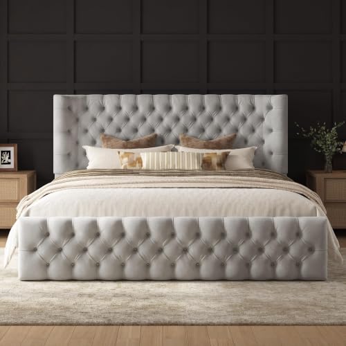 Image of AMERLIFE King Upholstered Bed with Headboard, Wingback, Grey Velvet