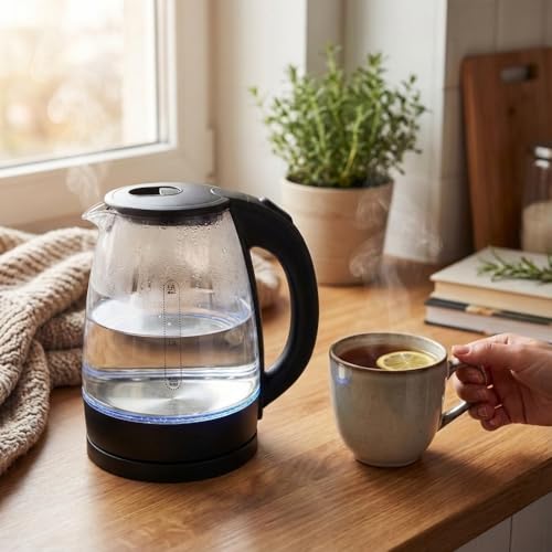 Image of 2L Glass Electric Kettle | Borosilicate Glass Body with Blue backlight and Stainless Steel Heating Plate,360 Base | Fast Boil Water Kettle for Tea, Coffee & Instant Beverages (TRANSPARENT)