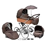 SKYLINE Klassisch Retro Stil Wicker LUX Kombi-Kinderwagen Buggy 3in1 Reise System Autositz (Isofix) (Chocolate Brown/17 "Räder)