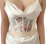 Meladyan Women Push Up Corset Satin Oil Painting Print Overbust Waist Bonded Bustier Strapless Cinch