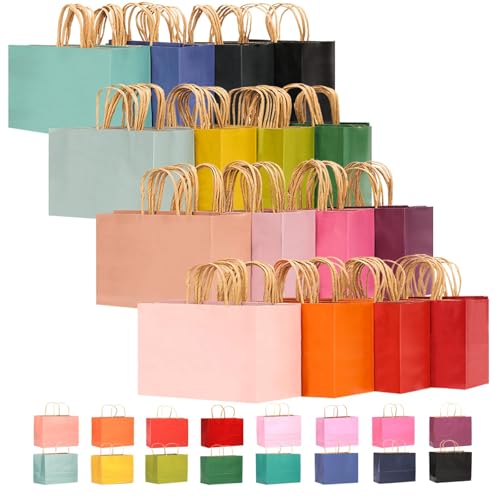 qiqee Wide Paper Gift Bags With Handles 16 Solid Colors Party Favor Bags for presents 12.6x4.3x1016-Packs