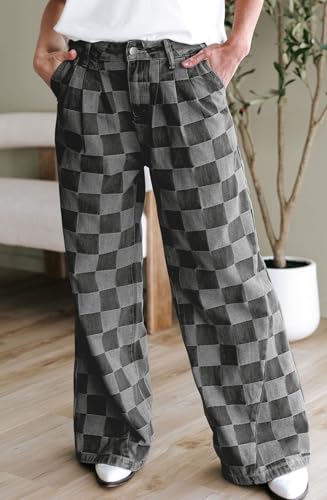 loveimgs Women Baggy Checkered Pants Patterned Denim Wide Leg Jeans Plaid Printed High Waisted Gingham Jeans3