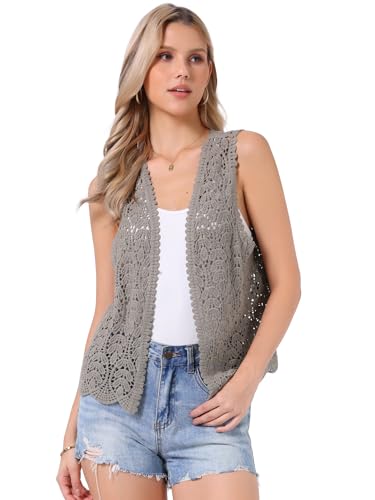 Image of Allegra K Women's Floral Crochet Hollow Out Sleeveless Open Front Boho Vest Cardigan