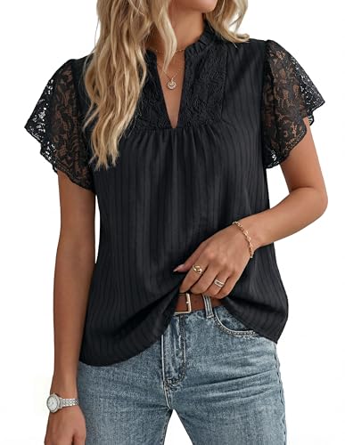 GRACE KARIN Womens Lace Short Sleeve Tops Summer Dressy Casual Cotton Blouses Flowy V Neck Dress Shirts Trendy Clothing 2026 Black Large
