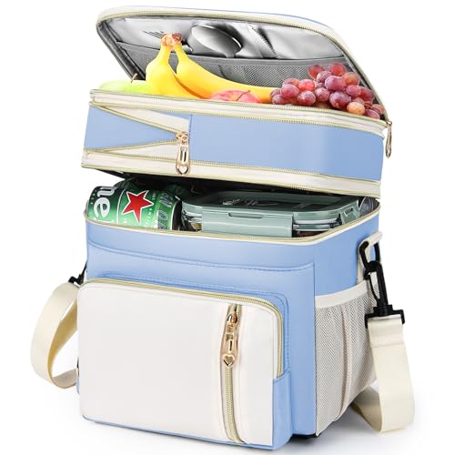 BAGNN Lunch Box & Lunch Bag for Women, Large Insulated Adult Lunch Box Leakproof Lunchbox Cooler Bag for Work Picnic Beach,16L, Sky Blue & White