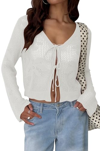 Image of Balimtoy Women Tie Front Cardigan Crochet Sweater Crop Tops Cute Bell Long Sleeve Knit Shrug Beach Vacation Cover Up