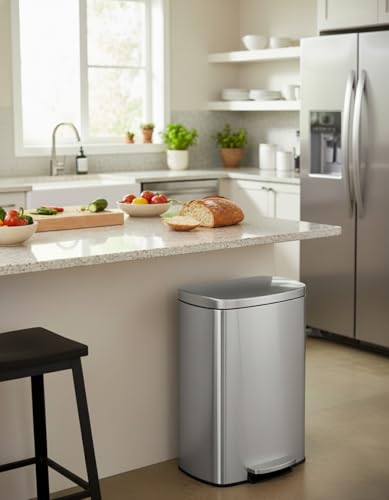 Image of Garvee 13 gal / 50 L Stainless Steel Kitchen Trash Can with Lid, Large Rustproof Garbage Can for Kitchen, Step-on Metal Trash Bin with Inner Bucket, Rear Handle, Soft Close Lid, Silver