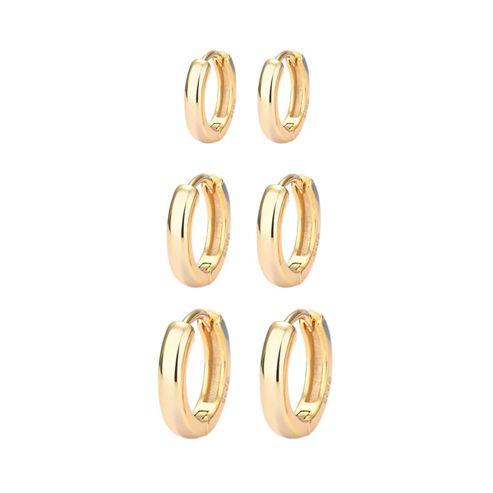 Colrid 3 Pares Pendientes de Aro Oro, Pendientes de Aro Pequeños, Pendientes de Aro Sencillos, Chapado en Oro de 24 Quilates, Aguja de Plata de Ley 925, para Niñas, Hombres, Mujeres (9 mm, 11 mm, 13 mm)