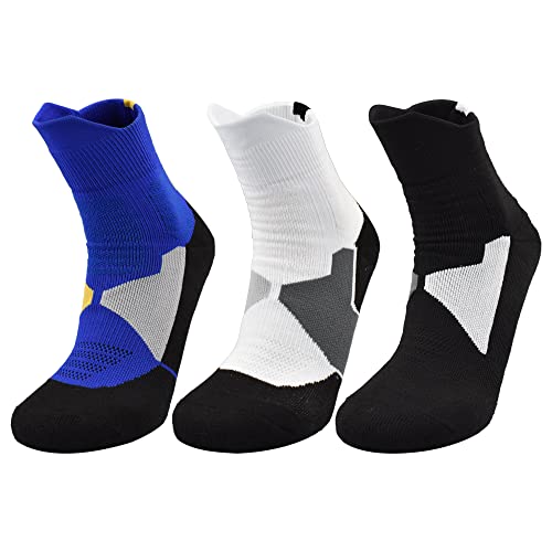 Senston Running Socks Professional Elite Basketball Socks Men's Towel Bottom Running Sports Socks，Black+White+Dark Blue