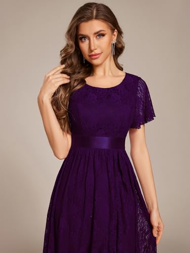 Image of Ever-Pretty Women's Lace Short Sleeve Round Neck Empire Waist Midi High Low Evening Gown 03489