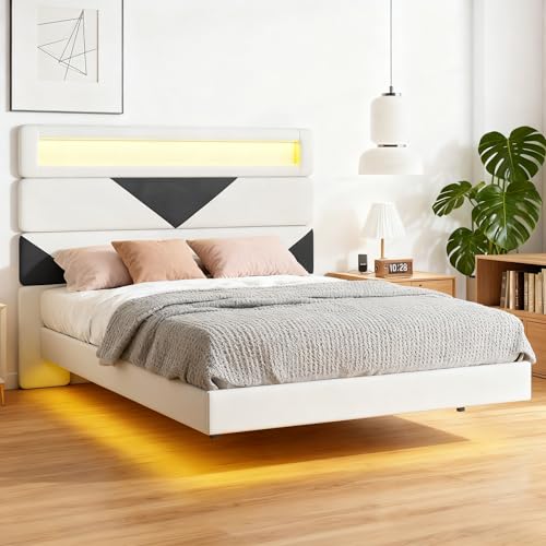 Plcnn Cama Tapizada 140x190 cm con Luces LED y Carga USB, Camas Matrimoniales con Somier, Cama Flotante, Patrón del Cabecero Ajustable, Efecto Visual Flotante, Beige+Negro (Beige, 140x190cm)