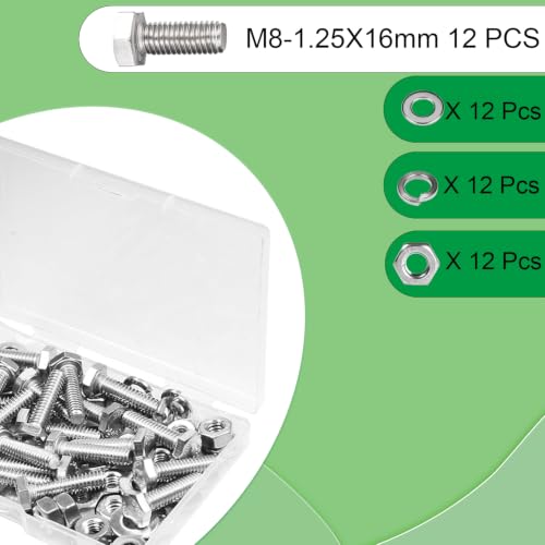 Image of M8 x 16mm Hex Head Screws Bolts, Nuts, Flat & Lock Washers Kits | M8-1.25mm 304 Stainless Steel Fully Thread Hexagon Bolts 12 Sets Fully Threaded Hex Tap Metric Right Hand External Hex Drive