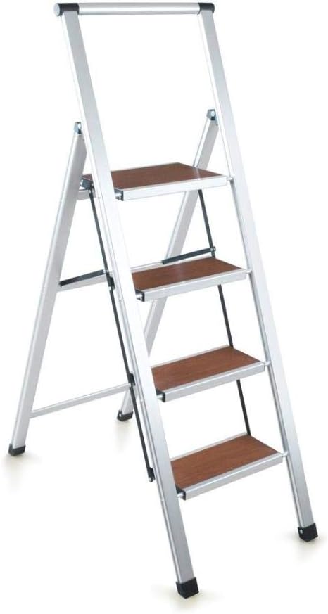 perilla 4-Step Aluminum Ultra-Light Step Stool Ladder - Large and Non-Slip Form-Based Steps, Foldable, Light and Easy to Carry, Compatible Wood Coating