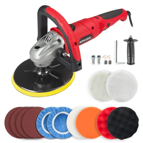 KITLUCK Buffer Polisher, 7 Inch Rotary Polisher For Car Detailing, 7.5A 900W 6 Variable Speed Car Buffer Machine 4300RPM, 5/8'-11UNF, With Foam/Wool Pad Kit For Car Polishing, Buffing, Waxing, Sanding