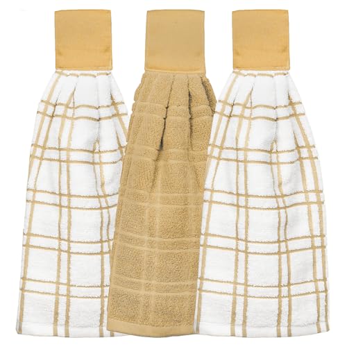 Image of Ritz Premium 100% Cotton Solid and Multi Check Kitchen Tie Towel Absorbent, Super Soft, and Fast Drying Hang Towel, Set of Three, Straw