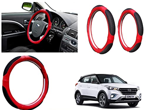 Image of Microfiber Car Steering Wheel Cover, Soft Padding Great Hand Feel, Anti-Slip, Faux Leather Steering Cover for Hyundai Creta 2018 2019 | Black Red Jali - Pack of 1