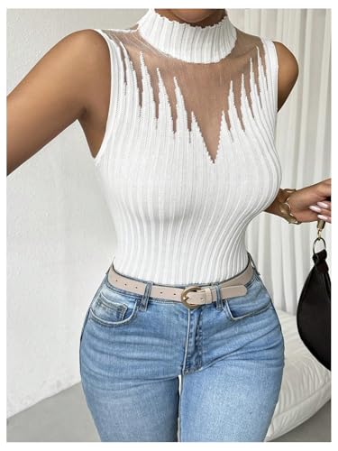 Image of Floerns Women's Mock Neck Sleeveless Sweater Vest Contrast Mesh Ribbed Knit Pullovers White Large
