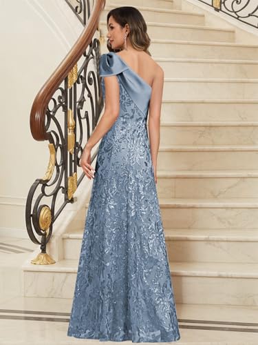 Sequin Mother of The Bride Dresses for Women One Shoulder Lace Mermaid Long Evening Formal Gowns with Bow2
