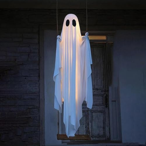 Image of Swinging Ghost Outdoor Decor: 6.9FT Hanging Swing Ghost Halloween Decor with String Lights, Cute Spooky Light Up on a Swing Decoration for Front Porch Yard Tree