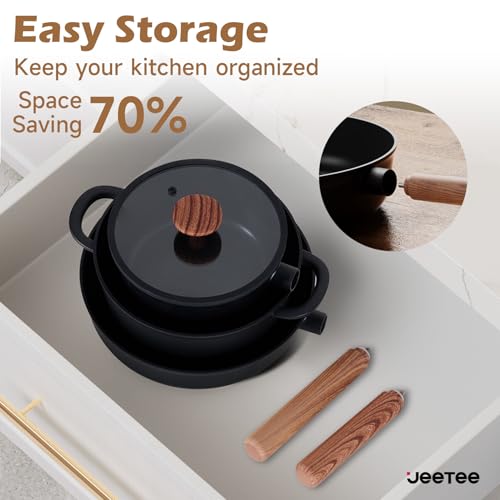 JEETEE Ceramic Cookware Sets 17 pcs, Healthy Pots and Pans Set Non Stick, Induction Kitchen Cooking Set with Removable Handles, Stackable Pots Pans, Oven Safe, PFOA/PFOS Free, Black - Image 6