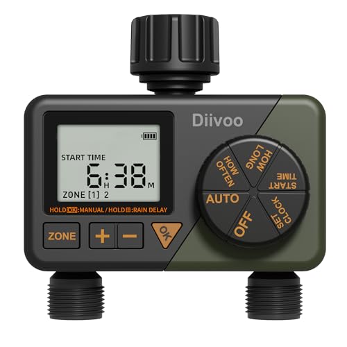 Programador de Agua de riego, Programador de aspersores Diivoo de 2 Salidas, Programador automático de grifos con retardo por Lluvia/Modo de césped automático y Manual