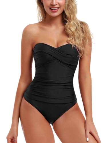 Hilor Women's Bandeau One Piece Swimsuits Front Twist Swimwear Ruched Bathing Suits Tummy Control Black 12