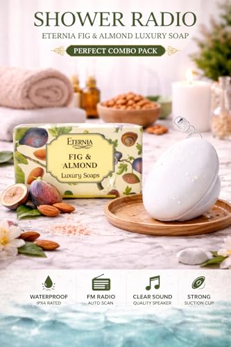 Image of Eternia Fig & Almond Soap Bar Face & Body Cleanser with Waterproof Shower Radio | Luxury Bath Combo for Deep Nourishment, Smooth Skin & Rich Fragrance