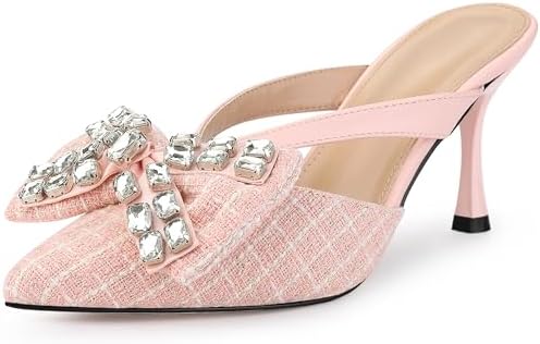 Allegra K Women's Pointed Toe Tweed Rhinestone Bow Stiletto Heels Pink Mules 7 M US