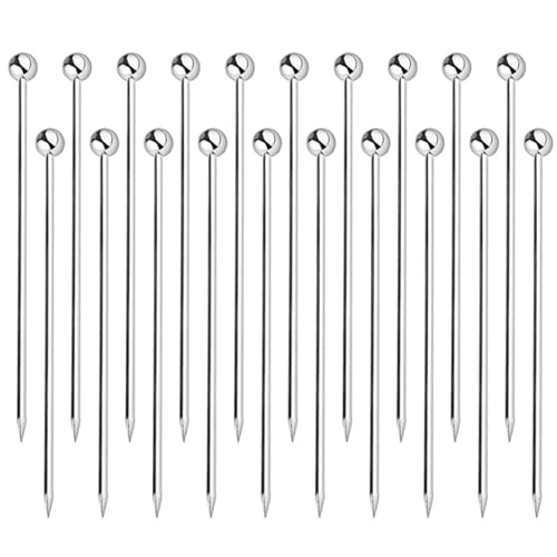 Lot de 20 Piques à Cocktail en Acier Inoxydable Argenté, Brochettes Réutilisables 11cm avec Tête à Boule pour Apéritif, Olives, Fruits et Martini,...