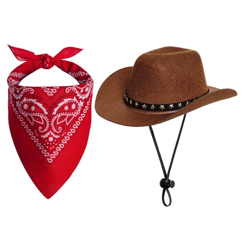 choyaxo Halloween Costumes for Dogs Cat Pet Cowboy Costume Cowboy Hat with Bandana Set for Halloween Christmas Holiday Party Cosplay (Brown Large)