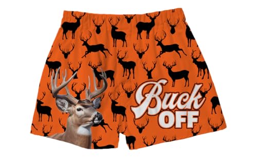 BRIEF INSANITY Comfortable Loose Fit Boxer Shorts | Funny Outdoors Hunting Deer Print Boxer Short Bottoms - Soft, Comfy Loungewear Pants (Buck Off, Medium)