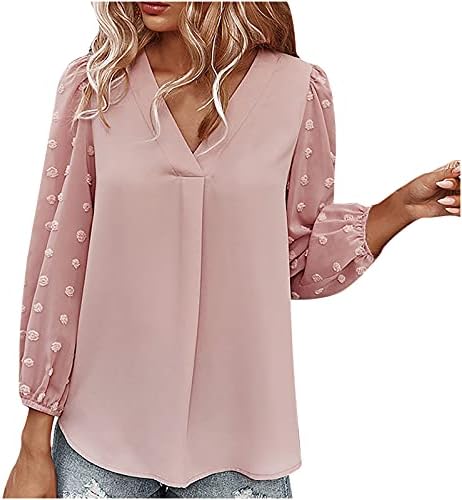 Wondere Summer Solid Color Tops Womens Chiffon Tunic V Neck Shirt Long Sleeve Tees Casual Polka Dot Blouse (M, Pink)
