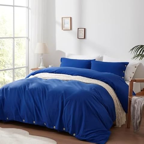 SunStyle Home 100% Cotton Duvet Cover Set Breathable Soft King Navy Blue Duvet Cover 3 Pieces Bedding Set with Buttons Closure Comforter Cover Set (1 Duvet Cover +2 Shams) Cover