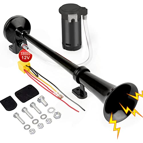 DZANKEN Klaxon Voiture 150dB Noir Klaxon Camion 12V Trompette Tracteur 45cm Klaxon Puissant Chrome Zinc avec Compresseur d'air et Support pour Auto Train Bateau TGV Tous les Transports 12V Cover