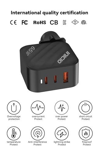 Image of INICIO 65W USB C Triple Port GaN Charger, 2 Type C + USB A PD Fast Charging for MacBook iPad Pro Air iPhone 17 16 15 14 Pro Max Galaxy S25 S24 S23 Ultra Z Fold 7 6 Pixel 10 9 8 Android iOS Devices