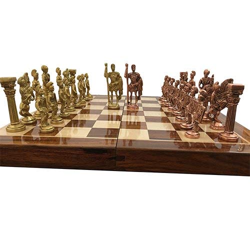 Jeu d'échecs romains en laiton avec rangement coffret bois et échiquier métal