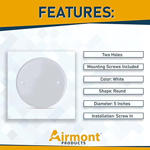 5 Inch White Metal Ceiling Blank-Up Cover, Used to Cover 3-1/2 or 4 Inch Round/Octagon Box Openings In Ceilings or Walls, Mounting Screws Included, Holes Are Spaced 3.5 Inches Apart