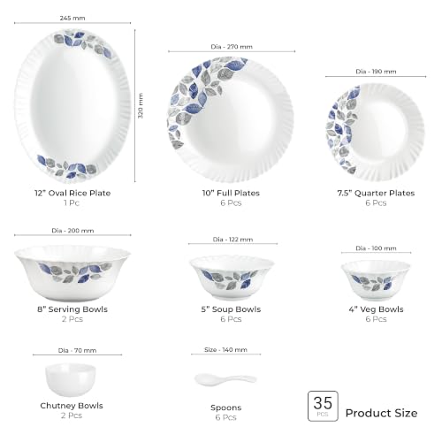 Image of Treo by Milton Opalware Aurelia Lunis Dinner Set of 35 | Serving for 6 | Microwave & Dishwasher Safe | Bone-Ash Free | Tempered Toughness | Plates, Bowls, Spoons | Crockery Set for Dining & Gifting
