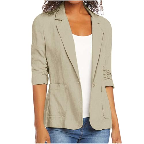 Linen Blazer for Women Lightweight Stretchy Ruched Long Sleeve Fully-Lined Cotton Casual Work Jacket with Pockets2
