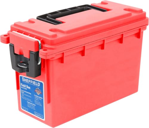Image of Sheffield 12636 Ammo Storage Box, Stackable .30 Cal Field Boxes, Water and Dust Resistant, Lockable Storage Box with Handle, Secures Hunting Gear, Supplies, and Bullets, Made in USA, Red, (Pack of 6)